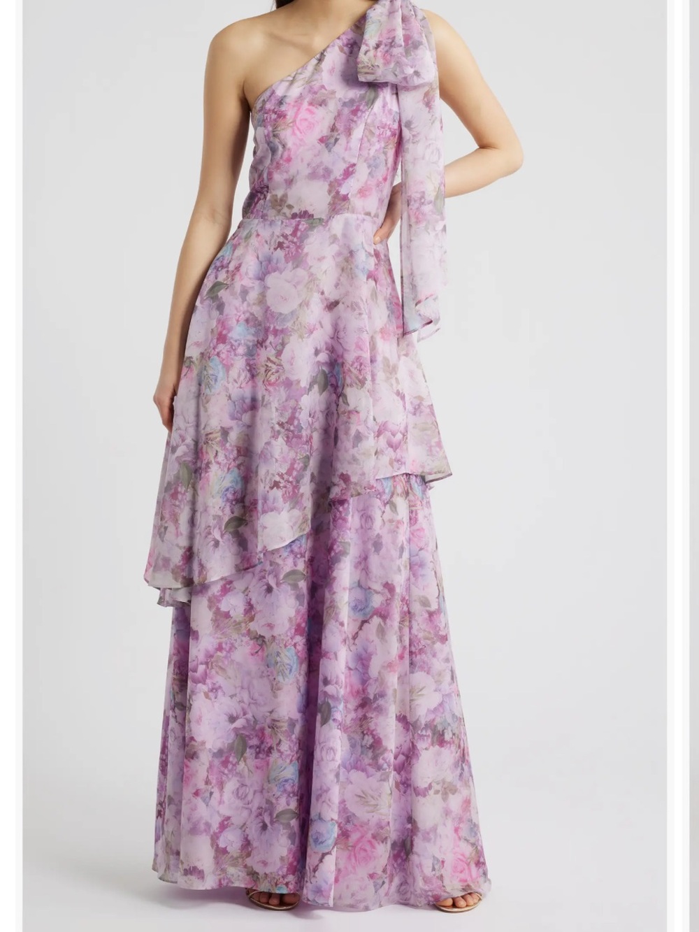 Lulu's Lavender Floral One-Shoulder Tiered Maxi Dress